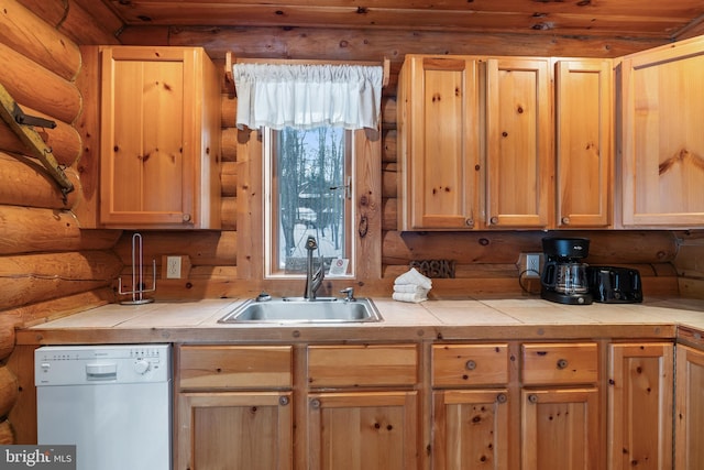45 Village Dr Unit 4, Oakland, MD 21550 - kitchen featuring dishwasher, a sink, log walls, light brown cabinetry, and tile countertops