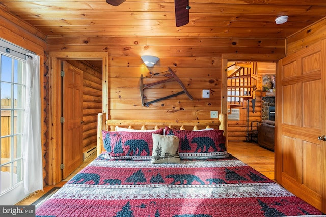 45 Village Dr Unit 4, Oakland, MD 21550 - bedroom featuring rustic walls, light wood finished floors, wooden ceiling, and a baseboard heating unit