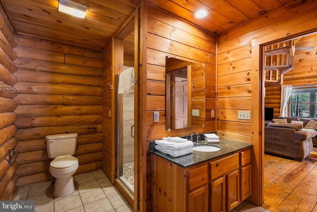 45 Village Dr Unit 4, Oakland, MD 21550 - bathroom with toilet, vanity, wooden ceiling, log walls, and a shower stall