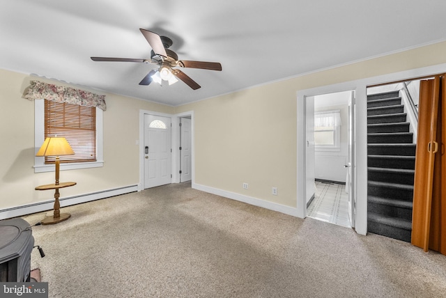 2034 Beach Blvd, Point Pleasant Boro, NJ 08742 - carpeted entryway with a ceiling fan, baseboards, stairway, a baseboard heating unit, and crown molding