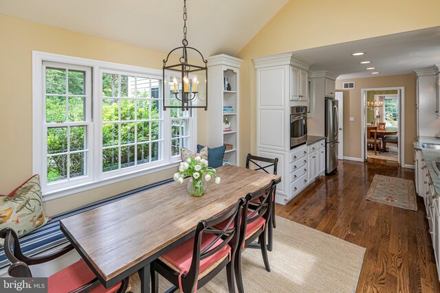 4582 Province Line, Princeton, NJ 08540 - dining room with a chandelier, vaulted ceiling, dark wood finished floors, recessed lighting, and baseboards
