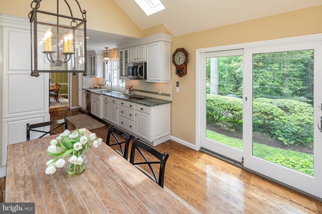 4582 Province Line, Princeton, NJ 08540 - kitchen with stainless steel appliances, a sink, a skylight, lofted ceiling, and decorative backsplash
