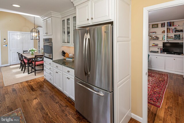 4582 Province Line, Princeton, NJ 08540 - kitchen with appliances with stainless steel finishes, dark wood-style flooring, glass insert cabinets, white cabinets, and hanging light fixtures