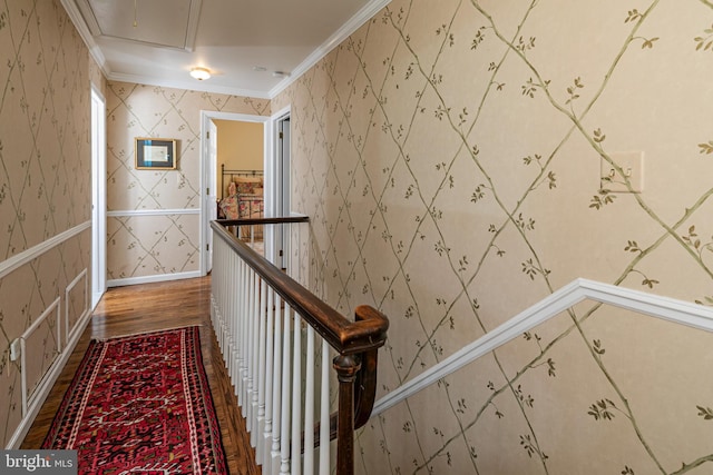 4582 Province Line, Princeton, NJ 08540 - corridor with wood finished floors, ornamental molding, and an upstairs landing