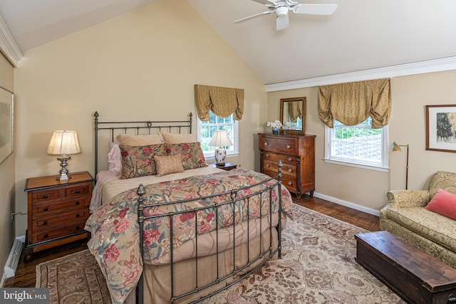 4582 Province Line, Princeton, NJ 08540 - bedroom with baseboards, wood finished floors, high vaulted ceiling, a ceiling fan, and ornamental molding