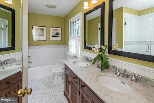 4582 Province Line, Princeton, NJ 08540 - full bathroom with double vanity, tile patterned flooring, a garden tub, a shower stall, and toilet