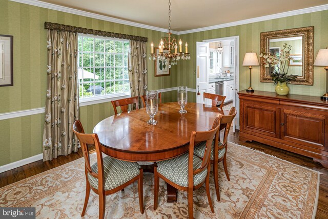 4582 Province Line, Princeton, NJ 08540 - dining space featuring wood finished floors, wallpapered walls, a chandelier, ornamental molding, and baseboards