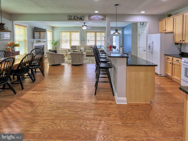 37529 Atlantic Ave Unit 11, Rehoboth Beach, DE 19971 - kitchen featuring open floor plan, white fridge with ice dispenser, dark countertops, wood finished floors, and a ceiling fan
