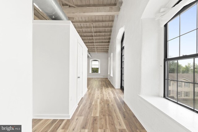 374 Shurs Ln Unit 304, Philadelphia, PA 19128 - hall with wooden ceiling with exposed beams, wood finished floors, and baseboards
