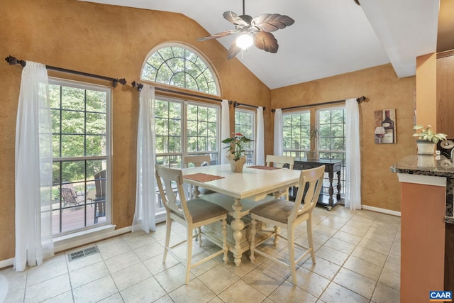 797 Willow Ridge Rd, Troy, VA 22974 - dining room with lofted ceiling, a ceiling fan, and light tile patterned flooring