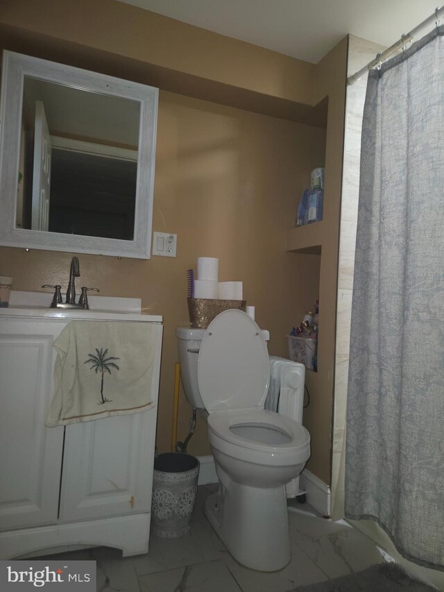 421 Folcroft St, Baltimore, MD 21224 - bathroom with marble finish floors, toilet, vanity, and a shower with shower curtain