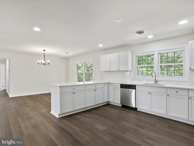 47 Picture Mountain Dr, Martinsburg, WV 25404 - kitchen featuring dishwasher, a chandelier, a peninsula, decorative backsplash, and recessed lighting