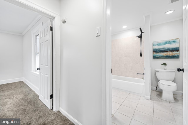 1225 Harper Ave, Woodlyn, PA 19094 - bathroom with baseboards, ornamental molding, toilet, shower / bath combination, and recessed lighting