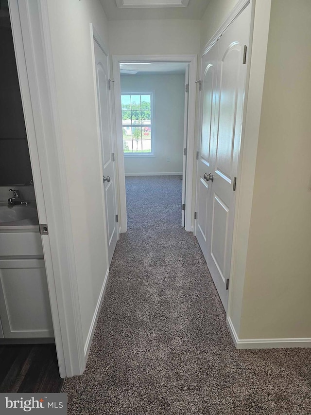 239 Rojan Rd Unit 113, Dover, DE 19901 - corridor featuring baseboards, dark carpet, and a sink
