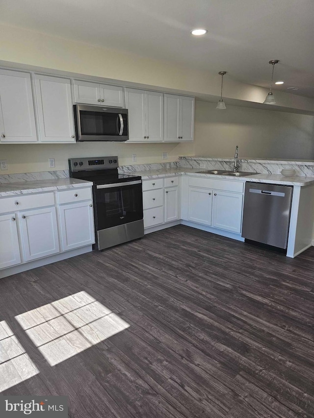 239 Rojan Rd Unit 113, Dover, DE 19901 - kitchen featuring stainless steel appliances, a sink, dark wood-style floors, white cabinets, and recessed lighting