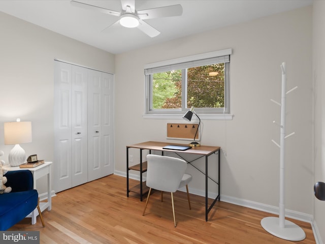 905 Peele Pl, Alexandria, VA 22304 - office area with light wood finished floors, a ceiling fan, and baseboards