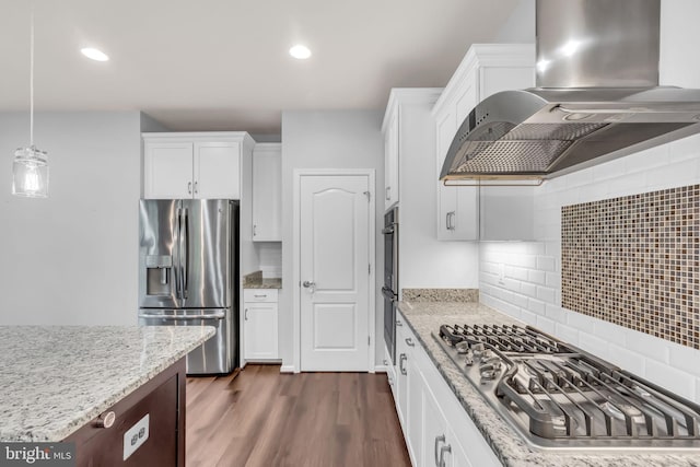40578 Sculpin Ct, Aldie, VA 20105 - kitchen with stainless steel appliances, island range hood, white cabinets, and recessed lighting