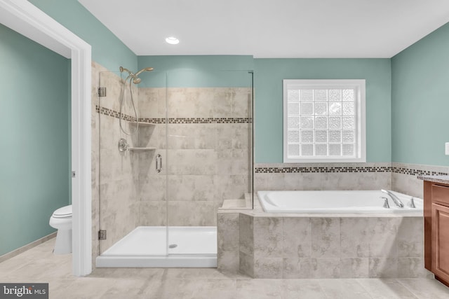 40578 Sculpin Ct, Aldie, VA 20105 - bathroom with a bath, a stall shower, toilet, vanity, and tile patterned floors