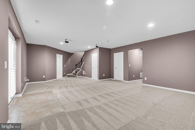 40578 Sculpin Ct, Aldie, VA 20105 - empty room featuring recessed lighting, stairway, baseboards, and light colored carpet