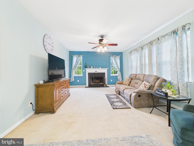7 Meadow Lark Dr, Milford, DE 19963 - living room with a ceiling fan, light carpet, baseboards, and a fireplace with flush hearth