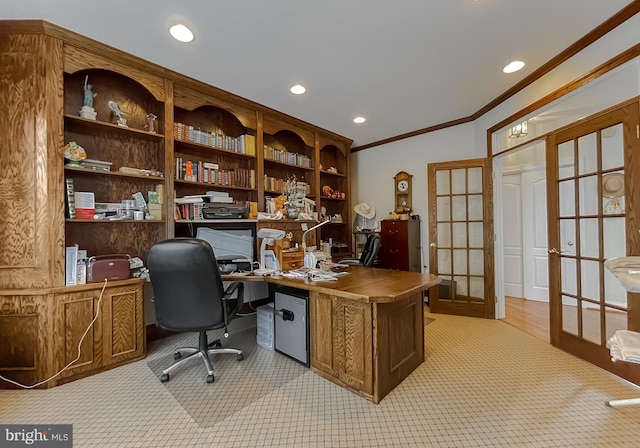5 Cross Point Dr, Owings, MD 20736 - office area with crown molding, french doors, light colored carpet, and recessed lighting