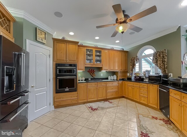 5 Cross Point Dr, Owings, MD 20736 - kitchen featuring black appliances, crown molding, light tile patterned flooring, a ceiling fan, and dark countertops