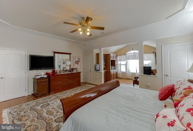 5 Cross Point Dr, Owings, MD 20736 - bedroom with wood finished floors, lofted ceiling, and ceiling fan