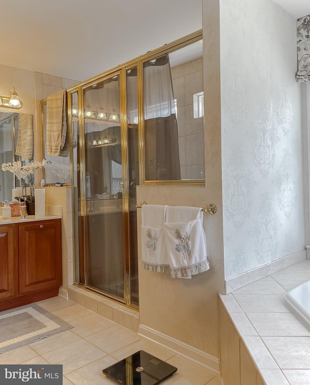 5 Cross Point Dr, Owings, MD 20736 - bathroom with vanity, tile patterned flooring, a shower stall, and a bath