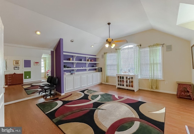 5 Cross Point Dr, Owings, MD 20736 - living room with light wood-style floors, lofted ceiling, ceiling fan, healthy amount of natural light, and built in features