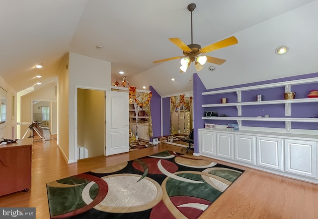 5 Cross Point Dr, Owings, MD 20736 - living room featuring vaulted ceiling, light wood-type flooring, a ceiling fan, recessed lighting, and baseboards