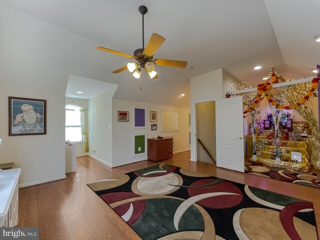 5 Cross Point Dr, Owings, MD 20736 - living room featuring vaulted ceiling, light wood finished floors, ceiling fan, recessed lighting, and baseboards