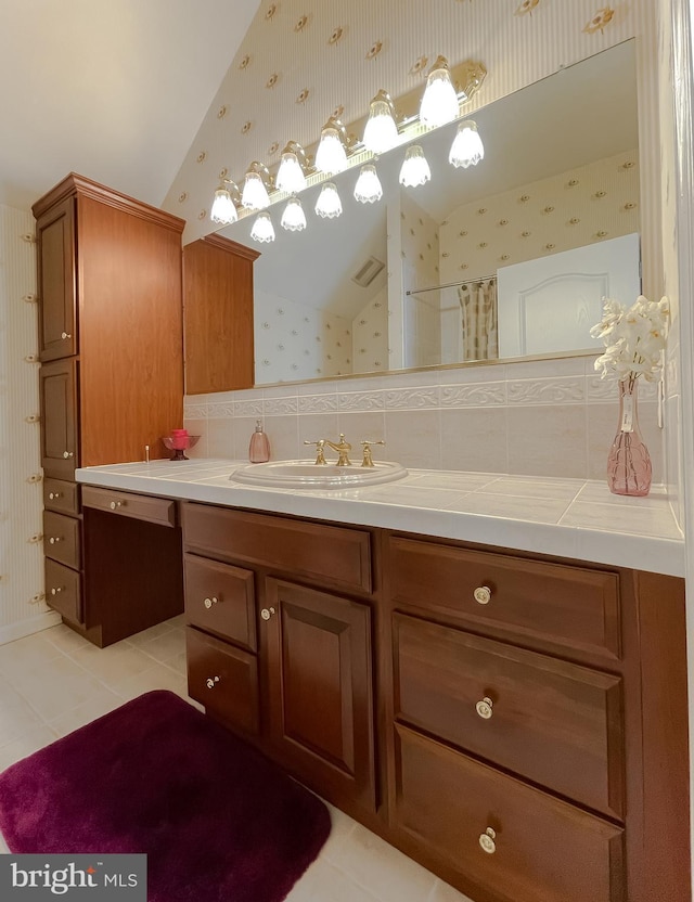 5 Cross Point Dr, Owings, MD 20736 - bathroom featuring wallpapered walls, vanity, tile patterned floors, lofted ceiling, and a shower with curtain