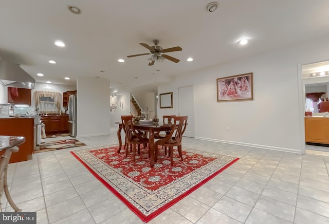 5 Cross Point Dr, Owings, MD 20736 - dining room with light tile patterned flooring, ceiling fan, recessed lighting, stairs, and baseboards