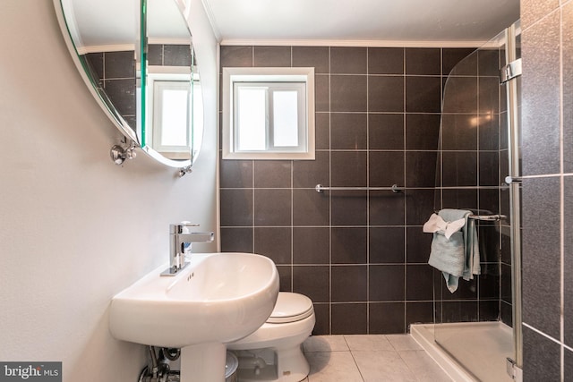 7129 Chandler Ave, Pennsauken, NJ 08110 - full bathroom with a stall shower, tile patterned floors, toilet, and ornamental molding