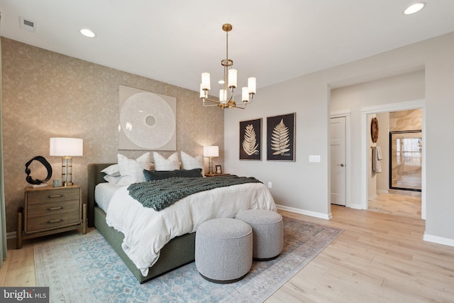 1052 Webster Ct, Winchester, VA 22603 - bedroom featuring baseboards, wood finished floors, a chandelier, wallpapered walls, and recessed lighting