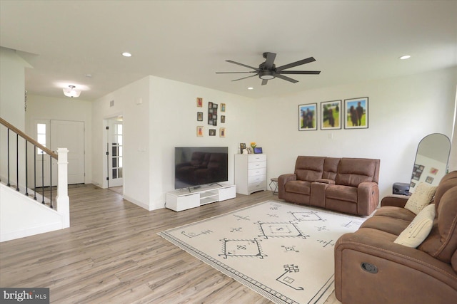 6300 Neha Dr Unit 32, Mechanicsburg, PA 17050 - living area featuring light wood-type flooring, ceiling fan, stairway, recessed lighting, and baseboards