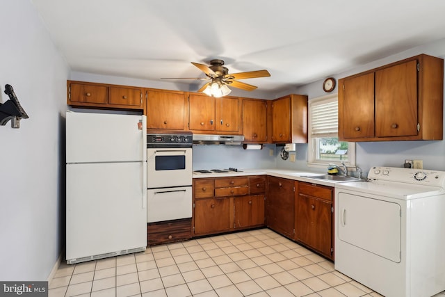 1927 Chapel Ave W, Cherry Hill, NJ 08002 - kitchen with washer / dryer, white appliances, under cabinet range hood, brown cabinets, and a ceiling fan