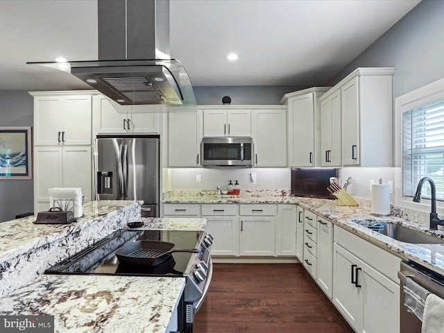 3447 Old Leetown Pike, Ranson, WV 25438 - kitchen featuring appliances with stainless steel finishes, ventilation hood, white cabinetry, dark wood-style flooring, and a sink