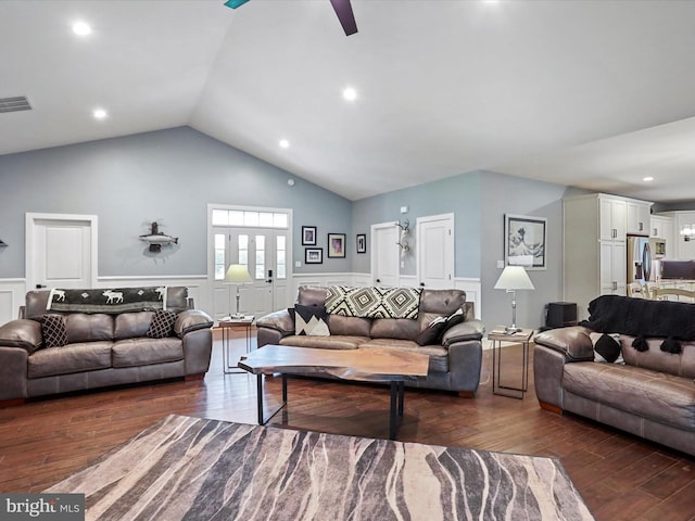 3447 Old Leetown Pike, Ranson, WV 25438 - living room with wainscoting, dark wood-style floors, ceiling fan, a decorative wall, and recessed lighting
