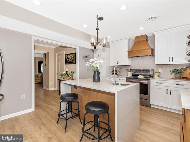 41 E Frederick St, Williamsport, MD 21795 - kitchen with custom range hood, stainless steel range with electric stovetop, a sink, tasteful backsplash, and white cabinetry