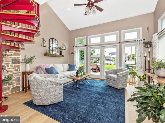 41 E Frederick St, Williamsport, MD 21795 - living area with high vaulted ceiling, a ceiling fan, wood finished floors, and french doors
