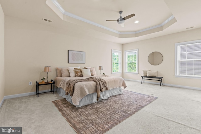4403 Cedar Reach Ln, Bowie, MD 20720 - bedroom featuring ornamental molding, light colored carpet, a raised ceiling, and ceiling fan