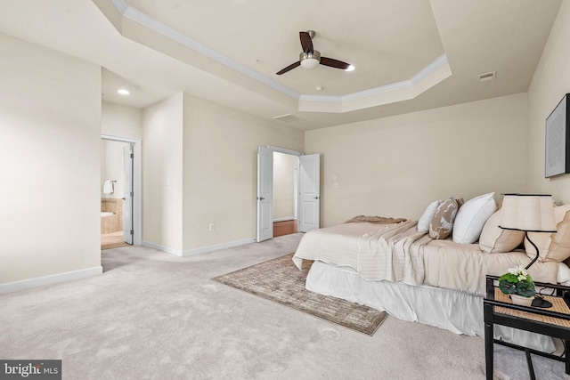 4403 Cedar Reach Ln, Bowie, MD 20720 - bedroom featuring light colored carpet, crown molding, a raised ceiling, recessed lighting, and ensuite bath