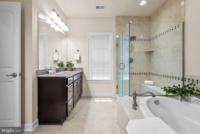 4403 Cedar Reach Ln, Bowie, MD 20720 - bathroom with vanity, a bath, a shower stall, tile patterned floors, and recessed lighting