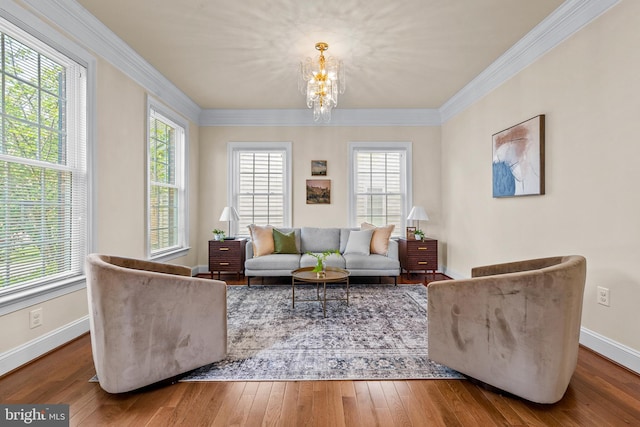 4403 Cedar Reach Ln, Bowie, MD 20720 - living room with a chandelier, hardwood / wood-style flooring, and crown molding