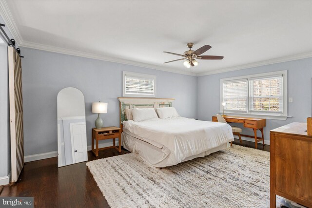 1426 Highwood Dr, Mclean, VA 22101 - bedroom with dark wood finished floors, multiple windows, crown molding, baseboards, and a barn door
