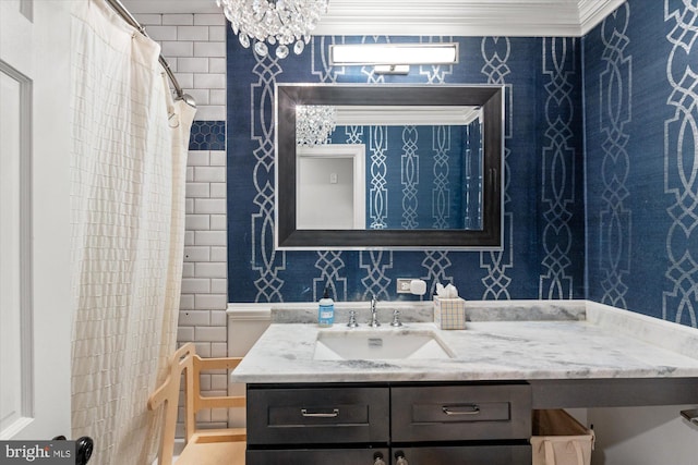1426 Highwood Dr, Mclean, VA 22101 - bathroom featuring vanity, a chandelier, a shower with curtain, and wallpapered walls