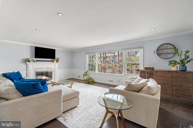 1426 Highwood Dr, Mclean, VA 22101 - living room with a premium fireplace, recessed lighting, wood finished floors, crown molding, and a wainscoted wall