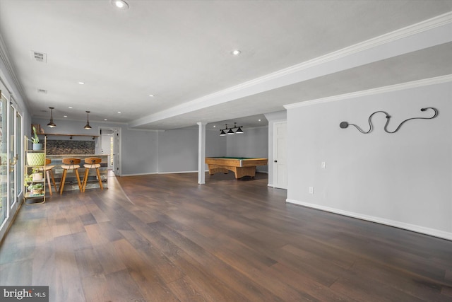 1426 Highwood Dr, Mclean, VA 22101 - unfurnished living room with baseboards, wood finished floors, billiards, recessed lighting, and ornate columns