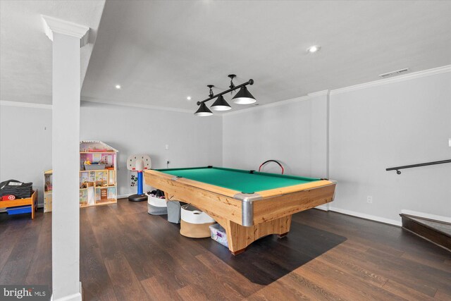 1426 Highwood Dr, Mclean, VA 22101 - game room featuring crown molding, billiards table, baseboards, wood finished floors, and recessed lighting